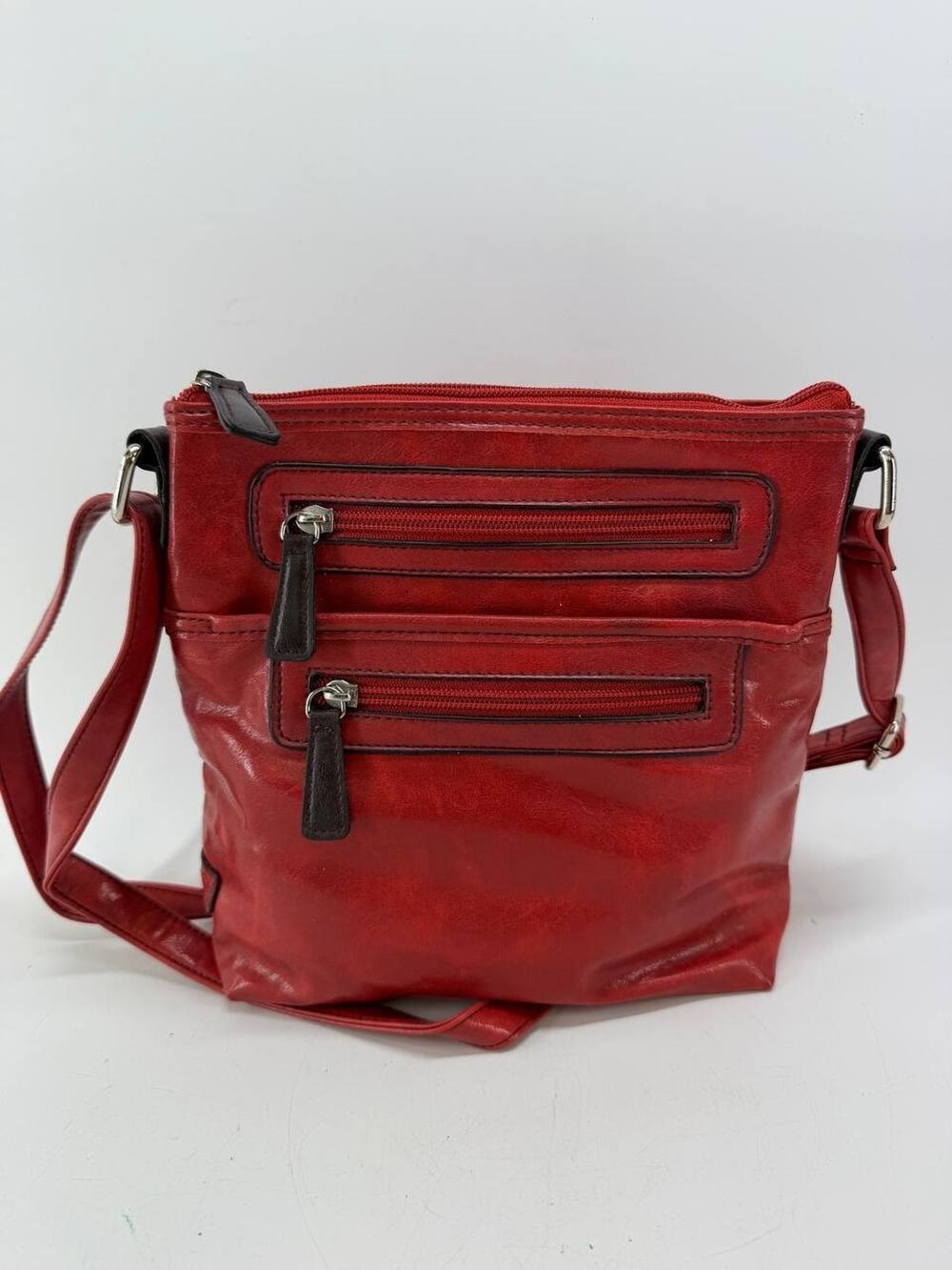 Rosetti Red Crossbody Shoulder Bag Multi Zip Pockets Adjustable Strap PVC